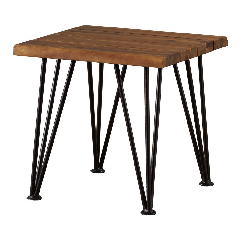 Zion Outdoor Accent Table, 18" Square, Black Hairpin Legs, Brown Wood