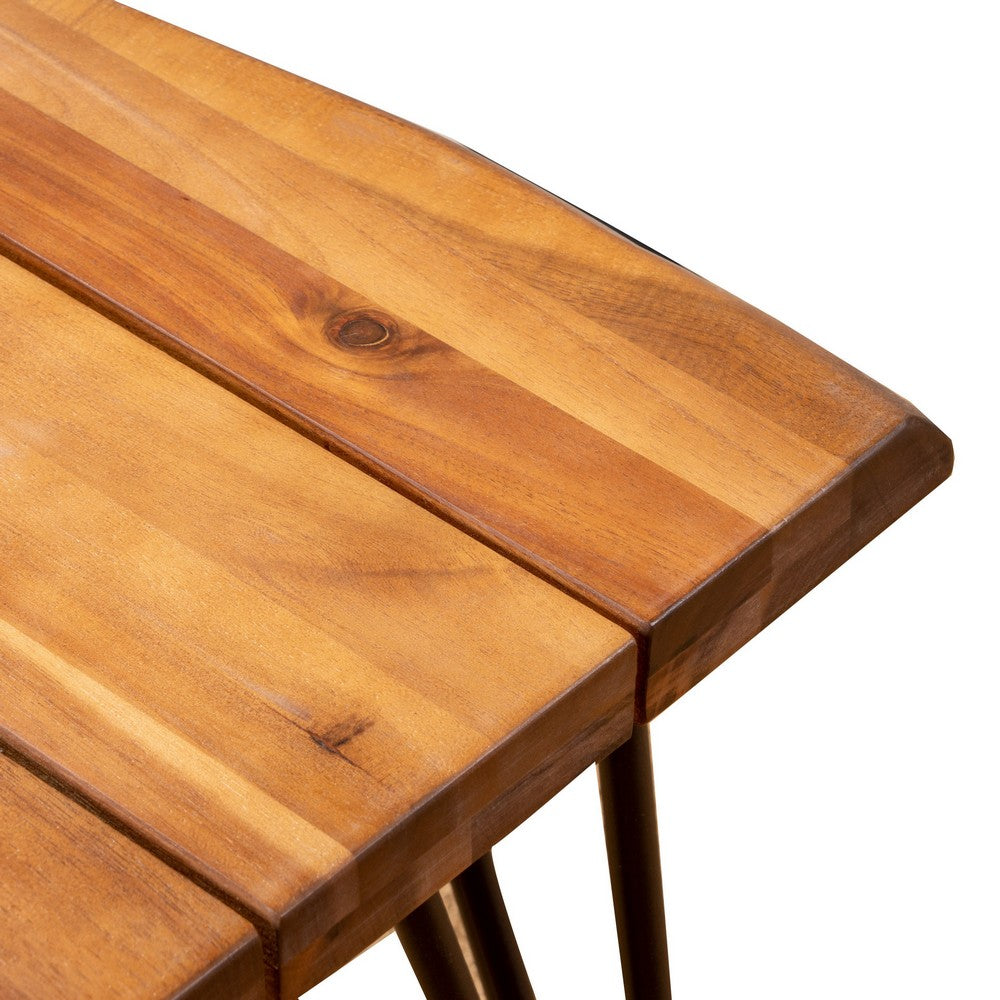 Zion Outdoor Accent Table, 18" Square, Black Hairpin Legs, Brown Wood