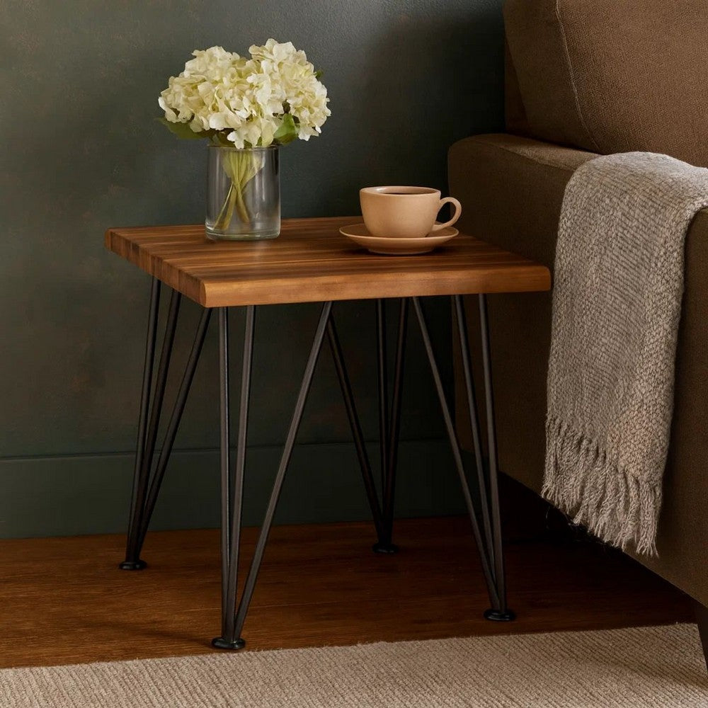 Zion Outdoor Accent Table, 18" Square, Black Hairpin Legs, Brown Wood