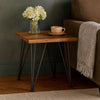 Zion Outdoor Accent Table, 18" Square, Black Hairpin Legs, Brown Wood