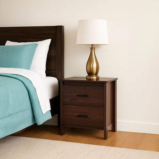 Bedside Nightstand 2 Drawers Classic Faux Wood Dark Cherry Brown BM326002