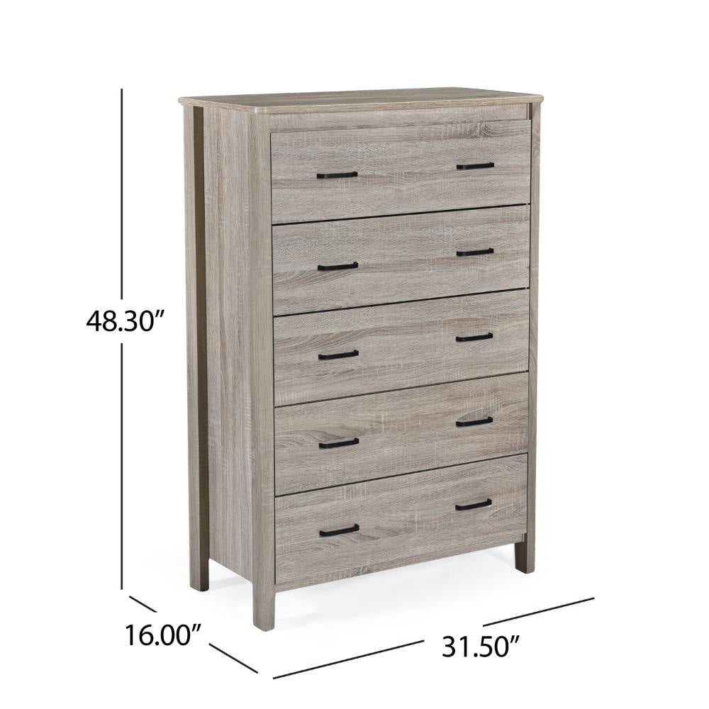 Sifa Tall Dresser Chest 5 Drawers Rustic Oak Gray MDF Black Handles BM326007