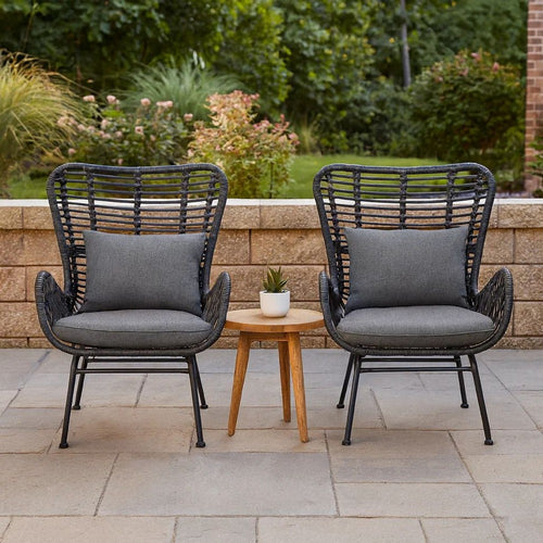 Slay Outdoor Accent Chair Set of 2, 25" Frame, Gray Woven Rattan, Iron