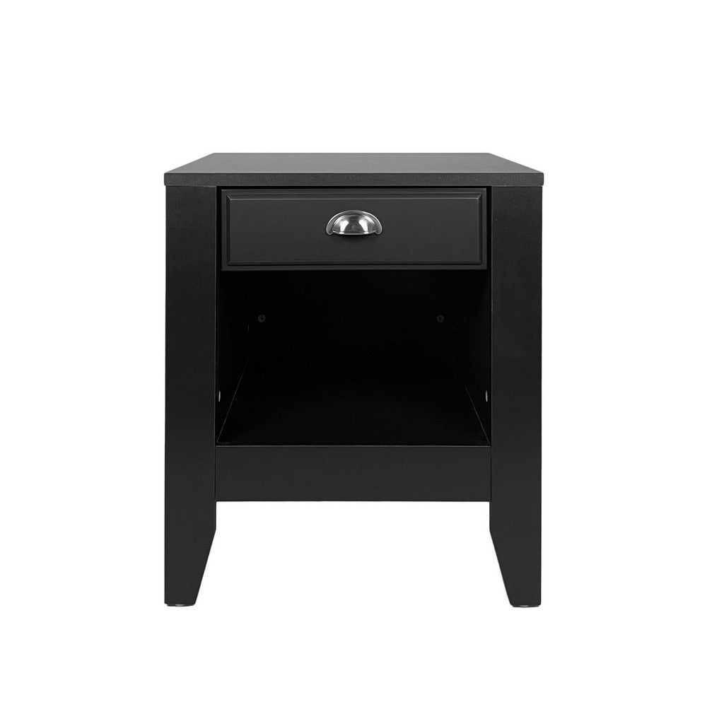 Crown Bedside Nightstand, 21", 1 Drawer and Open Shelf, Black MDF
