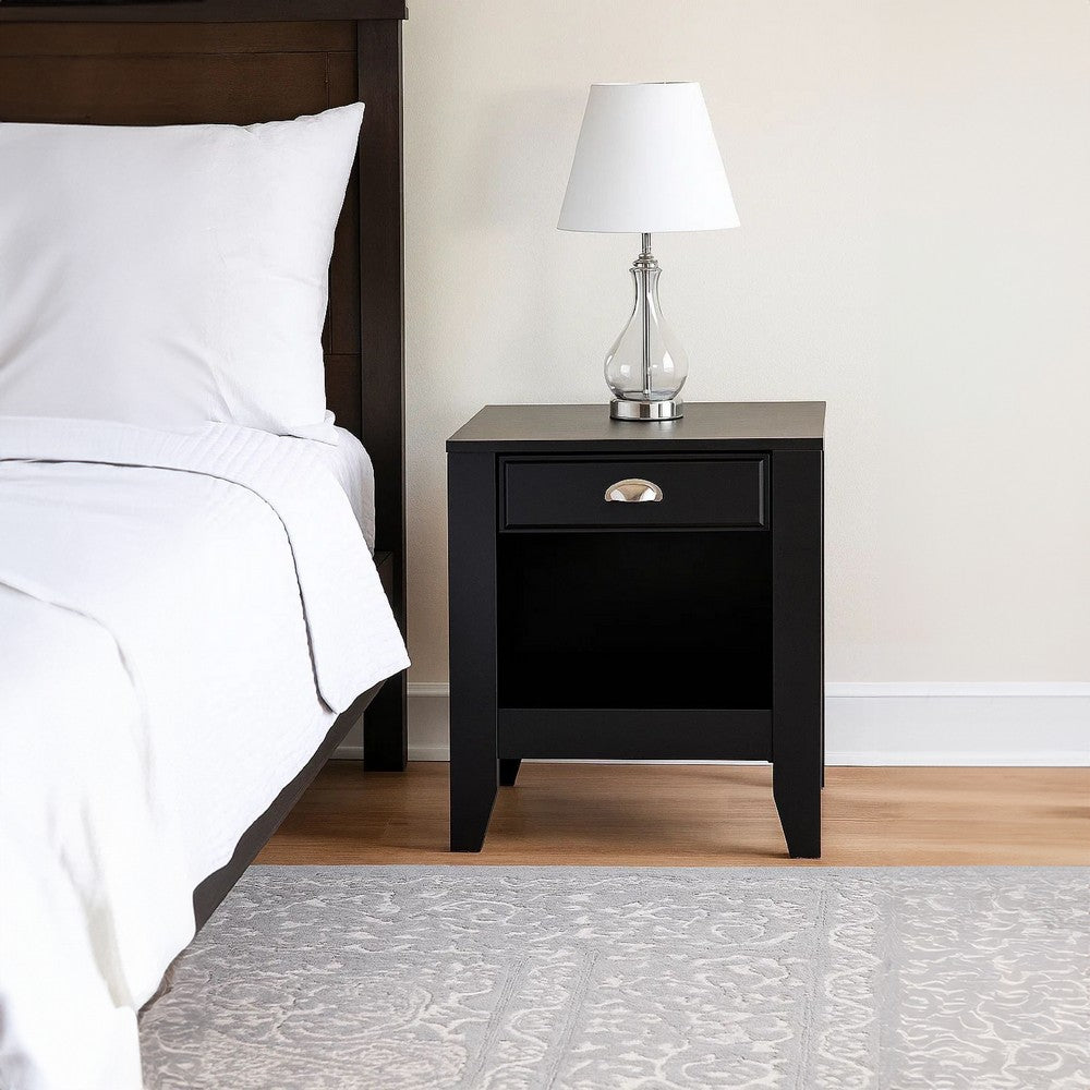Crown Bedside Nightstand, 21", 1 Drawer and Open Shelf, Black MDF