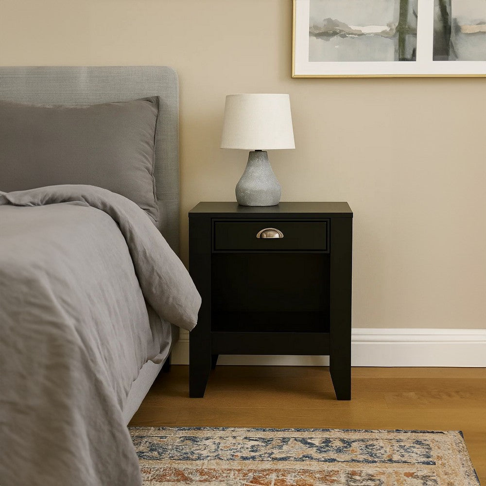 Crown Bedside Nightstand, 21", 1 Drawer and Open Shelf, Black MDF
