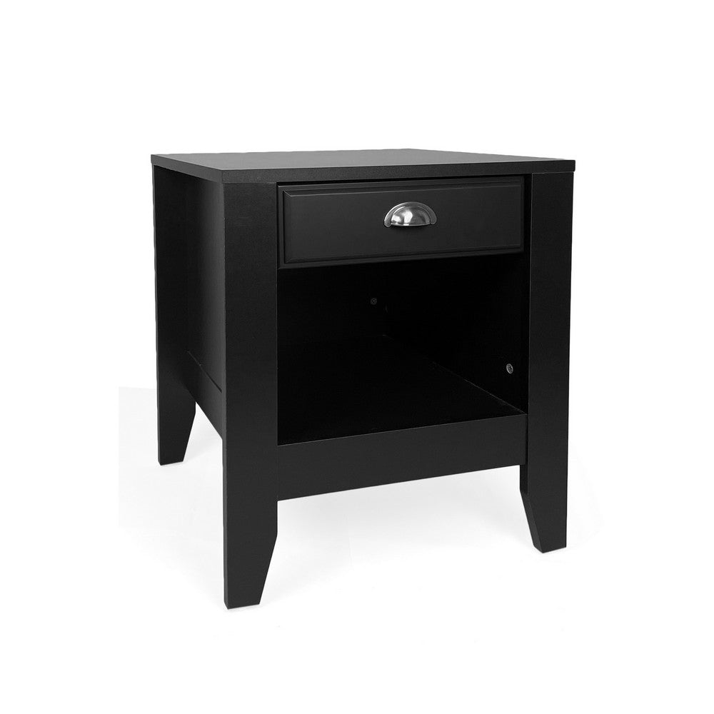 Crown Bedside Nightstand, 21", 1 Drawer and Open Shelf, Black MDF