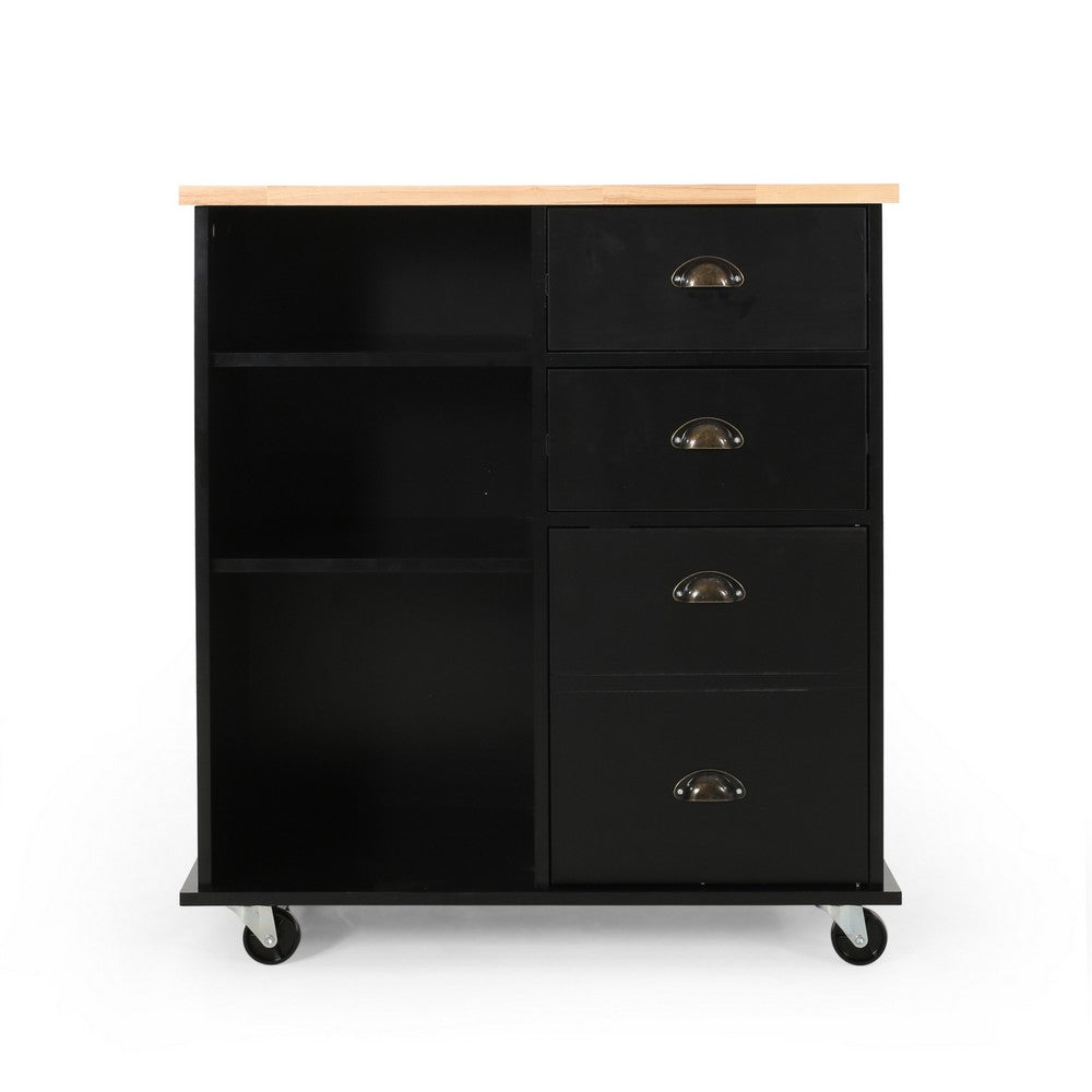 Rolling Kitchen Island Bar Cart w Drawers, Shelves, Brown n Black