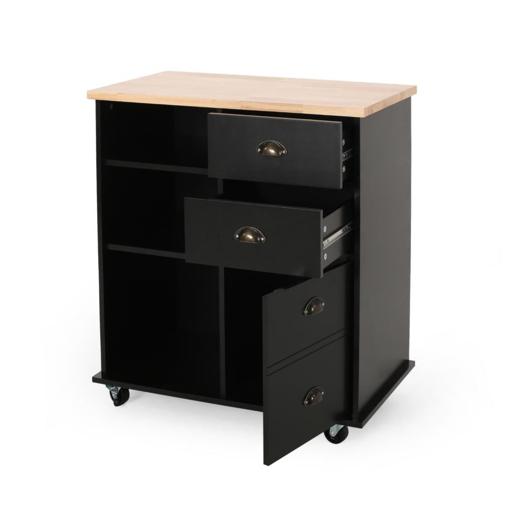 Rolling Kitchen Island Bar Cart w Drawers, Shelves, Brown n Black