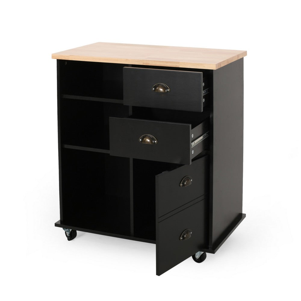 Rolling Kitchen Island Bar Cart w Drawers, Shelves, Brown n Black