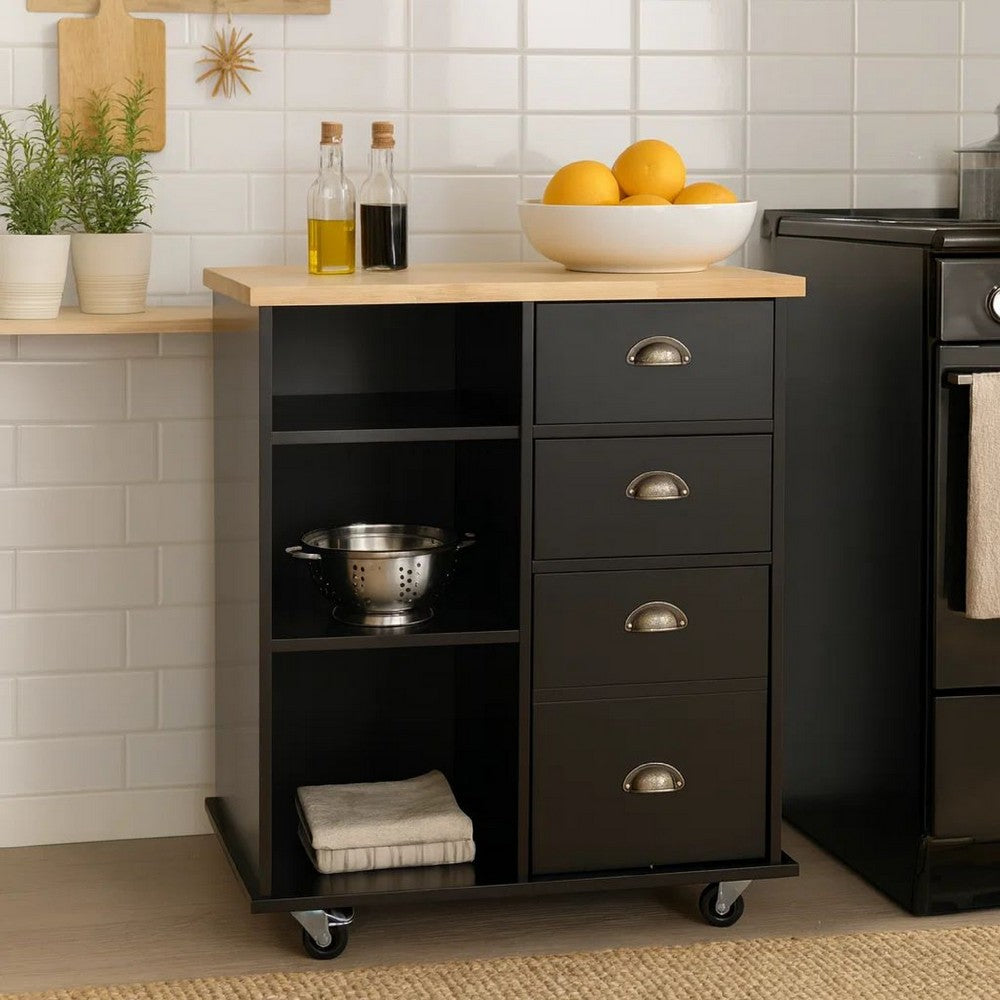 Rolling Kitchen Island Bar Cart w Drawers, Shelves, Brown n Black
