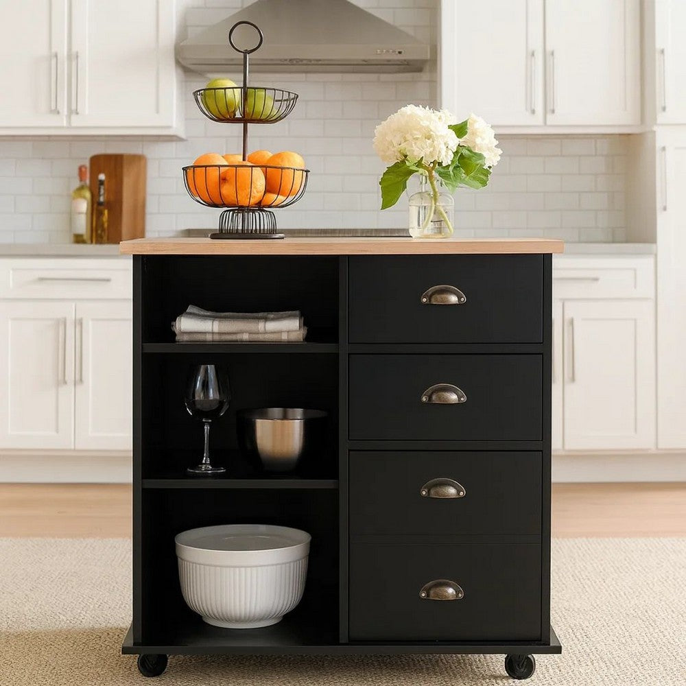 Rolling Kitchen Island Bar Cart w Drawers, Shelves, Brown n Black