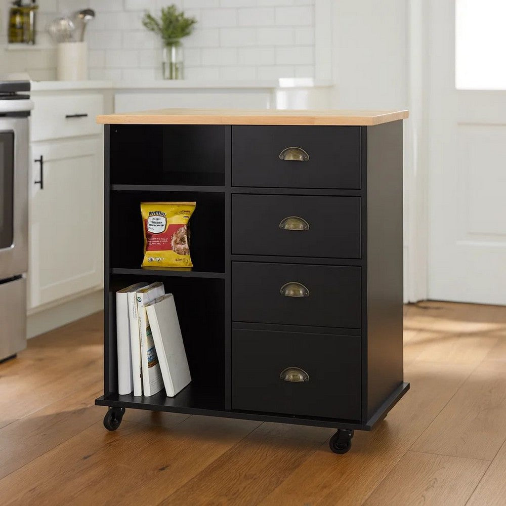 Rolling Kitchen Island Bar Cart w Drawers, Shelves, Brown n Black