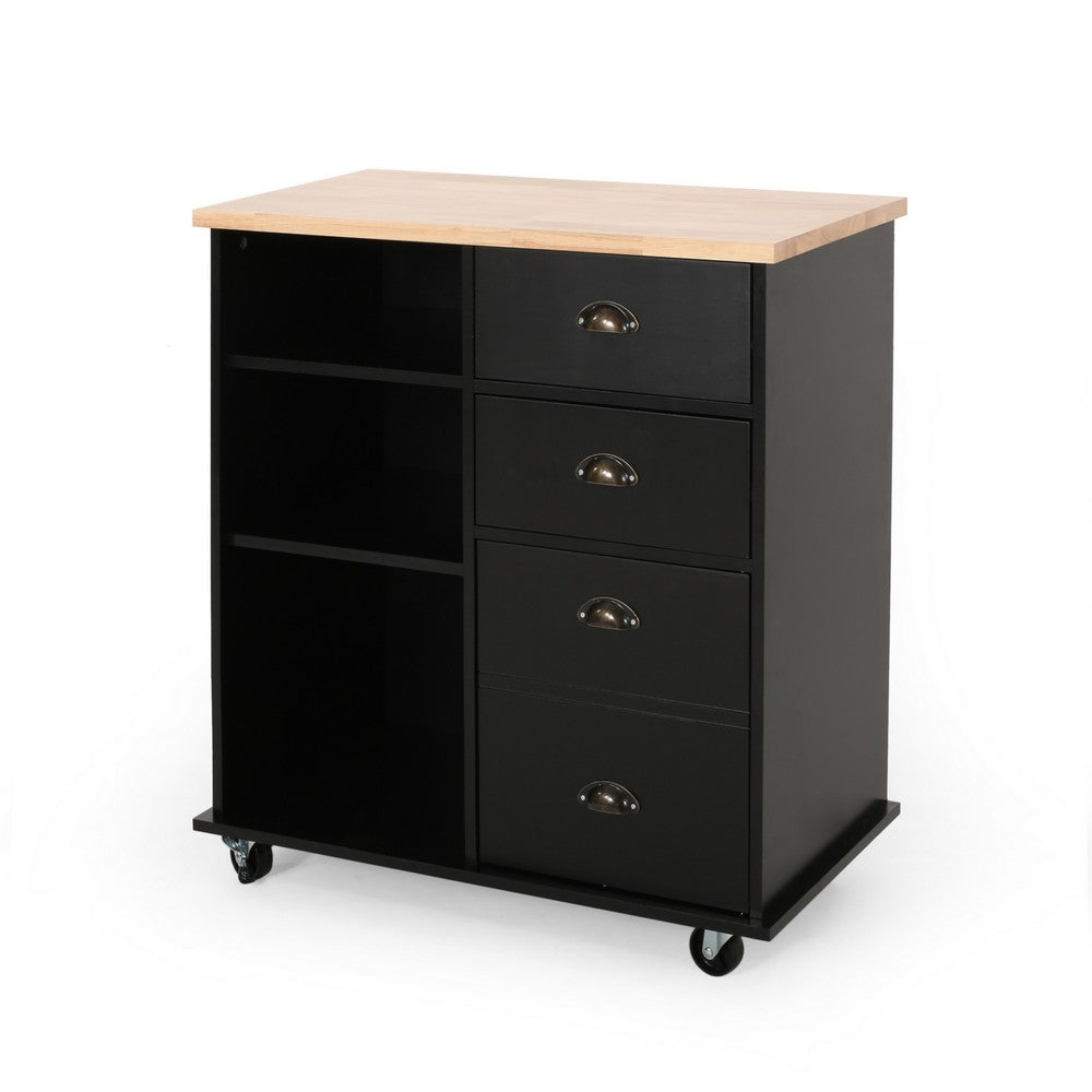 Rolling Kitchen Island Bar Cart w Drawers, Shelves, Brown n Black