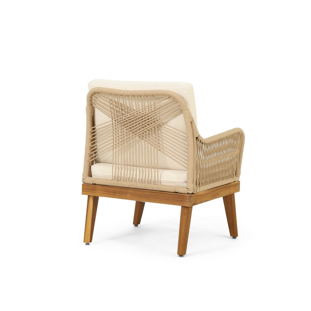 Oud Accent Club Chair, Ivory Cushions, Rope Weaving, Brown Acacia Wood