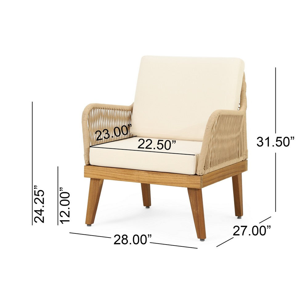 Oud Accent Club Chair, Ivory Cushions, Rope Weaving, Brown Acacia Wood