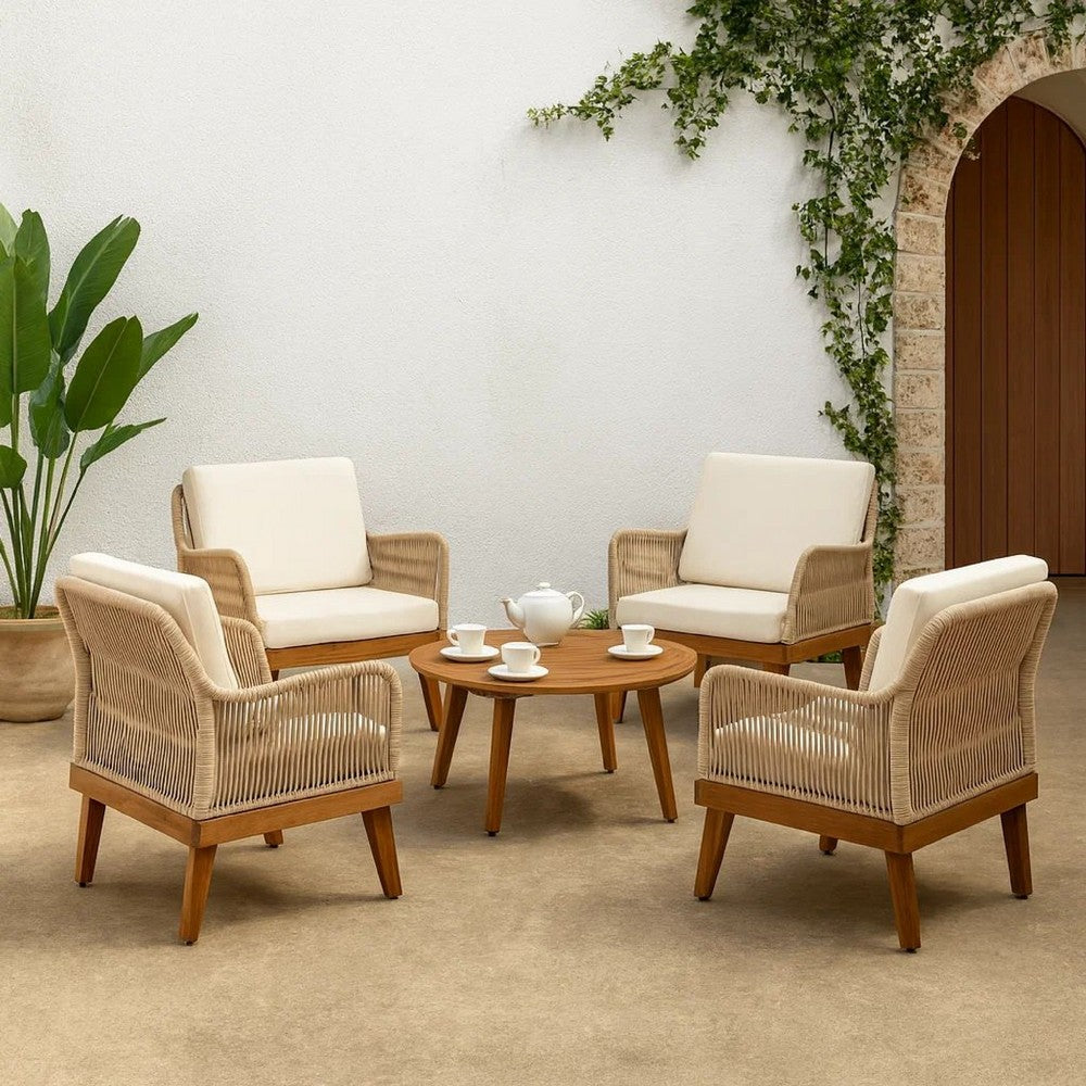 Oud Accent Club Chair, Ivory Cushions, Rope Weaving, Brown Acacia Wood