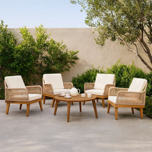 Oud Accent Club Chair, Ivory Cushions, Rope Weaving, Brown Acacia Wood