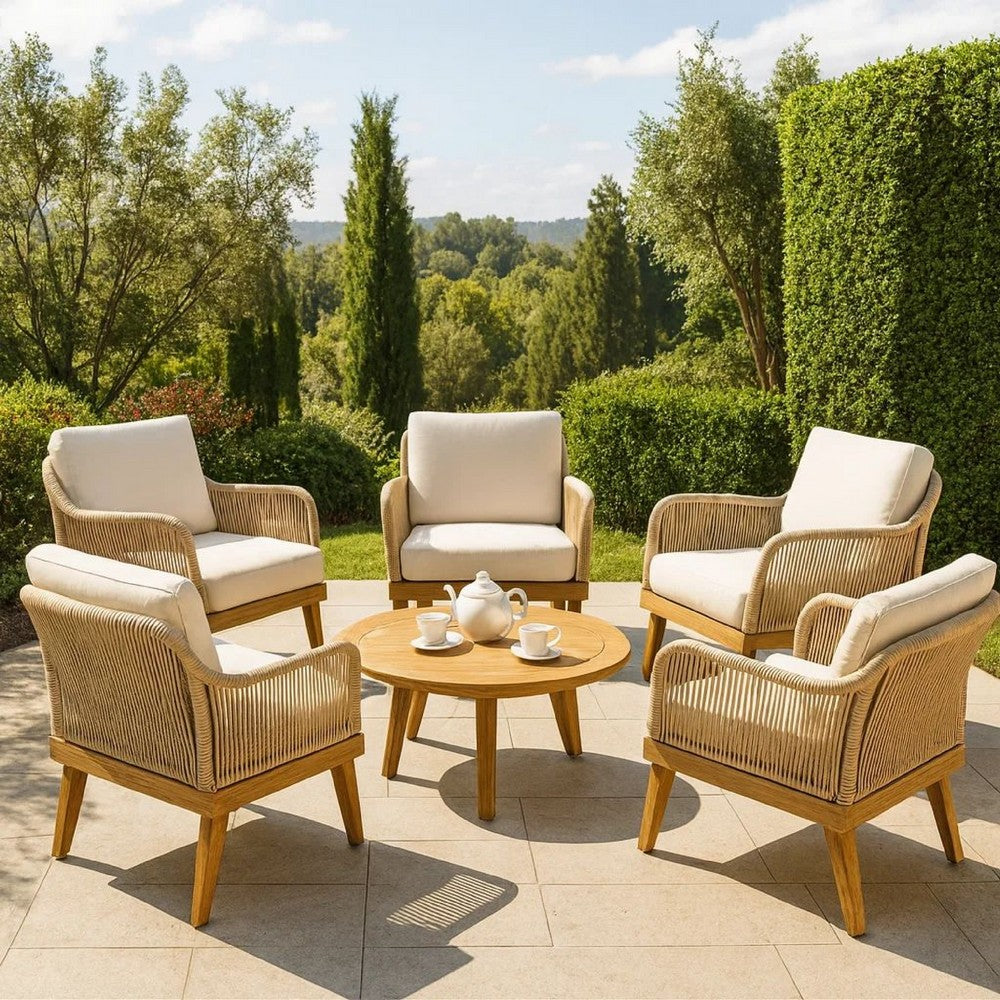 Oud Accent Club Chair, Ivory Cushions, Rope Weaving, Brown Acacia Wood
