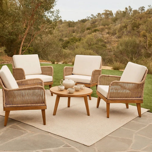 Oud Accent Club Chair, Ivory Cushions, Rope Weaving, Brown Acacia Wood