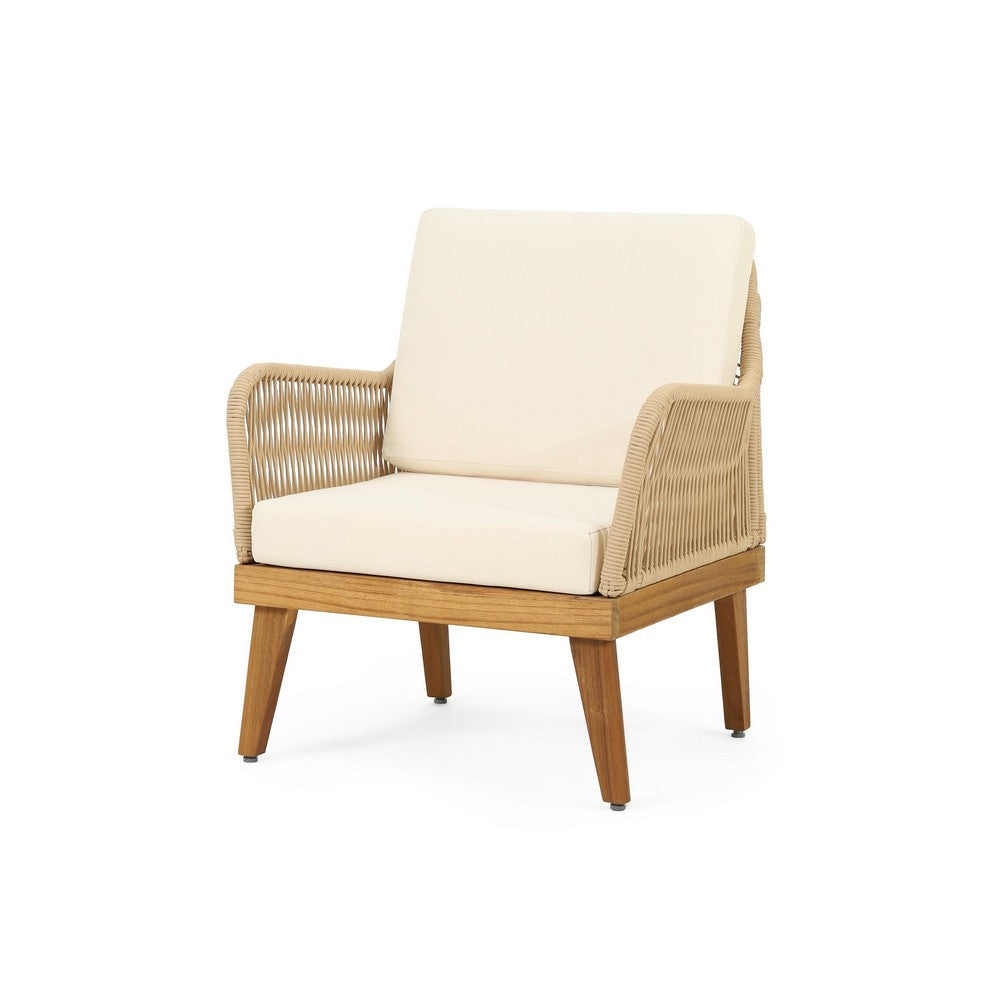 Oud Accent Club Chair, Ivory Cushions, Rope Weaving, Brown Acacia Wood