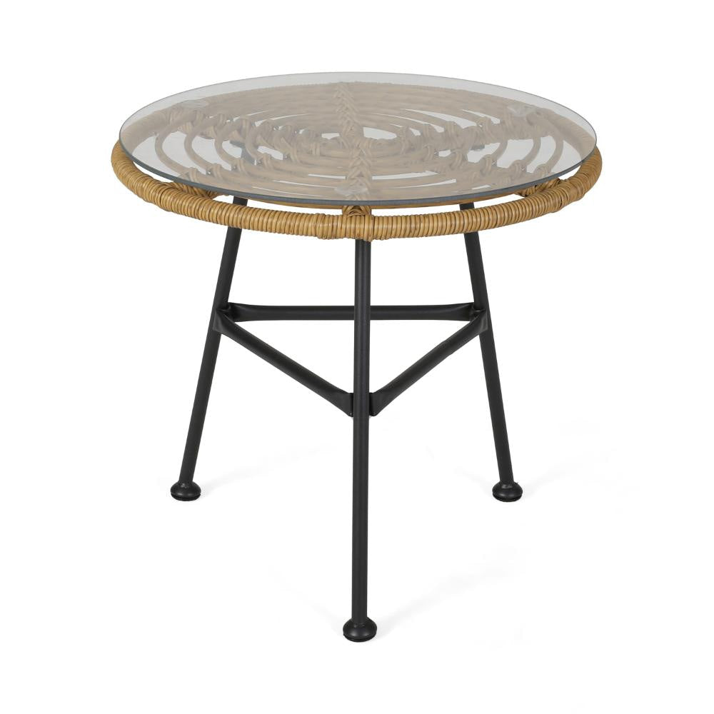 Tee Outdoor Side End Table, 20" Rattan Weave, Glass Top, Steel Legs