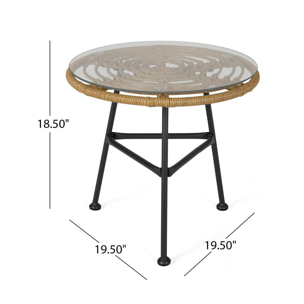 Tee Outdoor Side End Table 20’’ Rattan Weave Glass Top Steel Legs BM326016