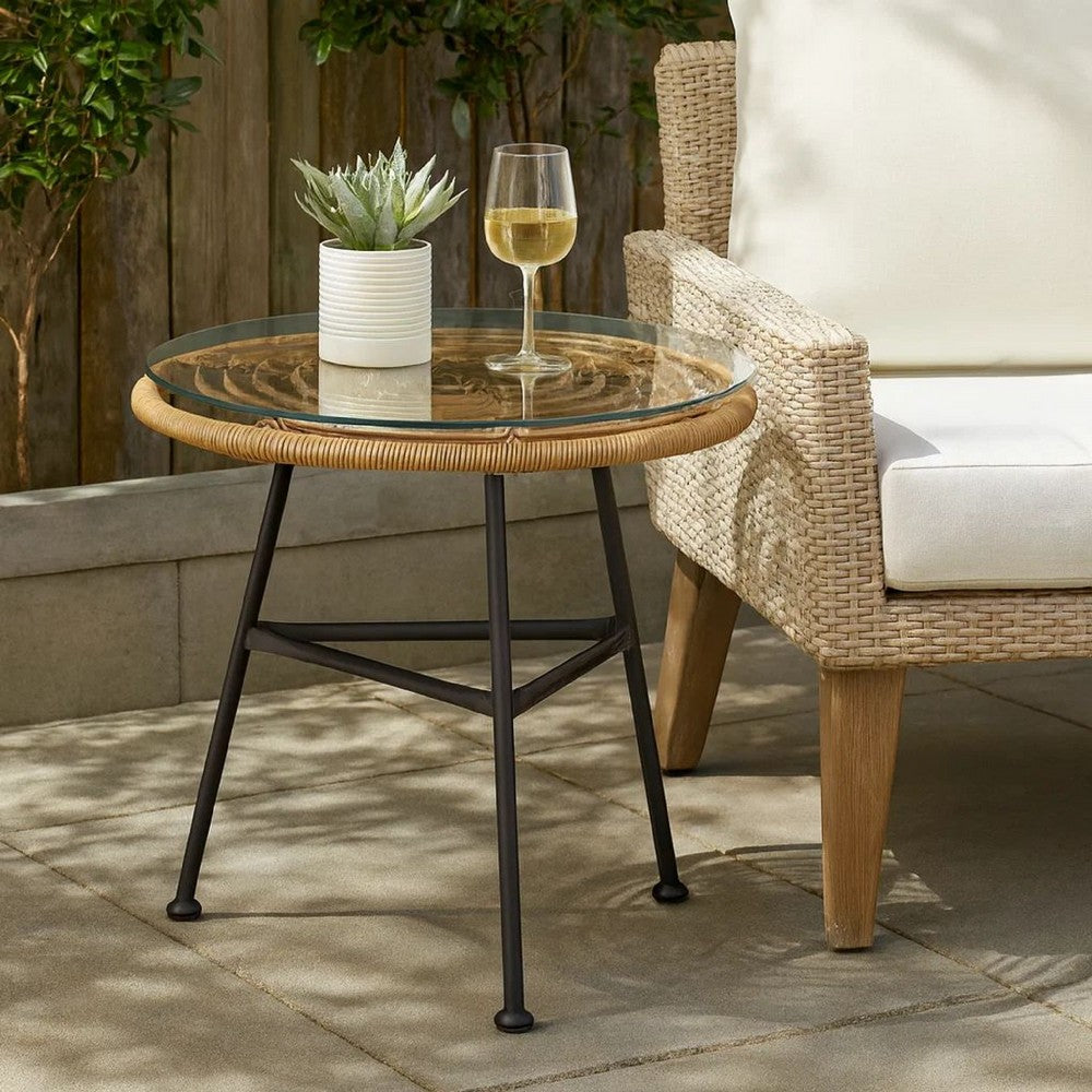 Tee Outdoor Side End Table, 20" Rattan Weave, Glass Top, Steel Legs