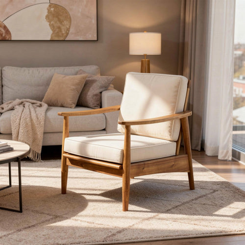 Accent Club Chair, Ivory Fabric Cushions, Brown Acacia Wood Frame