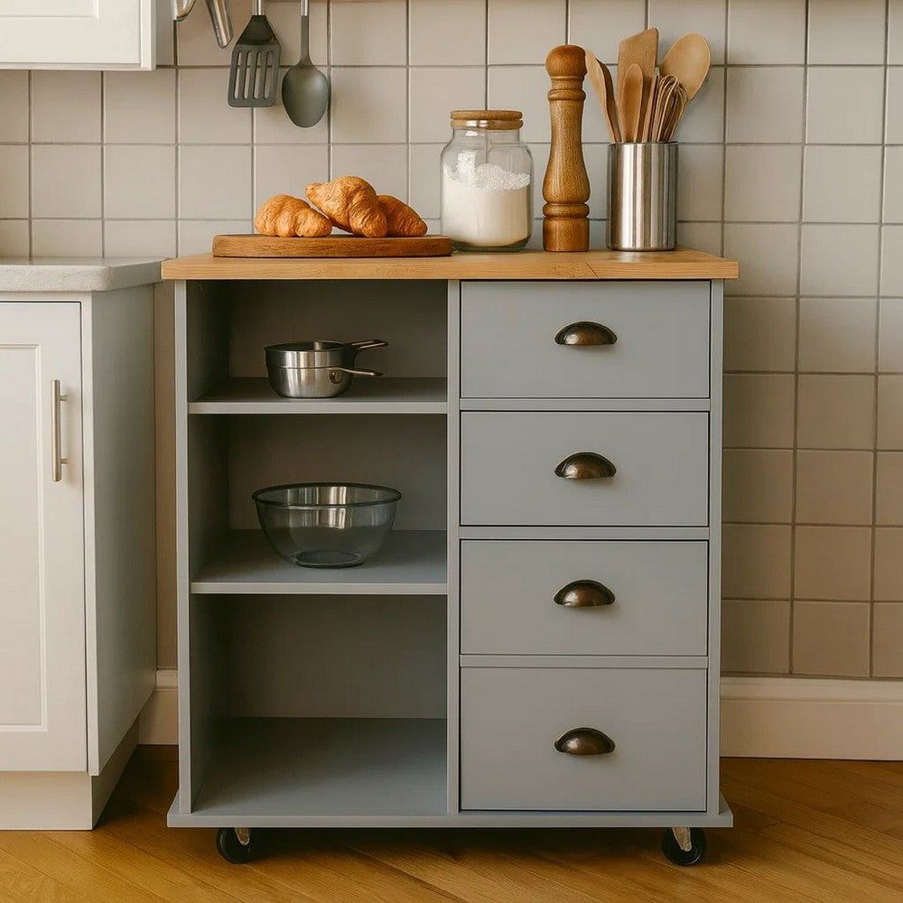 Rolling Kitchen Island Bar Cart, Drawers Shelves, Wheels, Brown, Gray