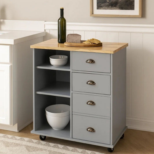 Rolling Kitchen Island Bar Cart, Drawers Shelves, Wheels, Brown, Gray