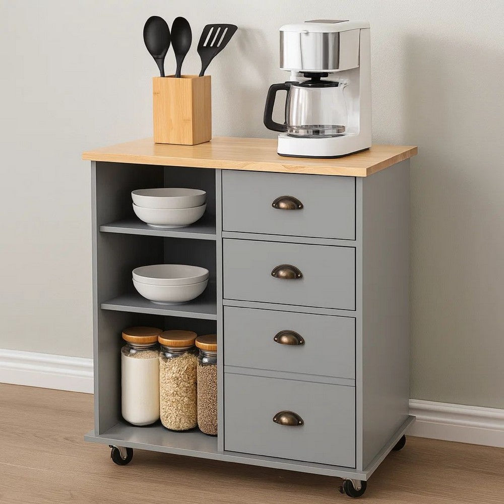 Rolling Kitchen Island Bar Cart, Drawers Shelves, Wheels, Brown, Gray