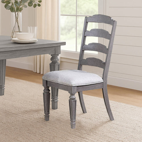 Winie Dining Side Chair Set of 2, Carved, Ladder Back, Light Gray Wood