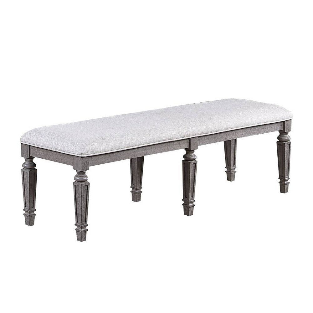 Winie Dining Bench with Turned Legs, 64 Inch Gray Wood and Fabric