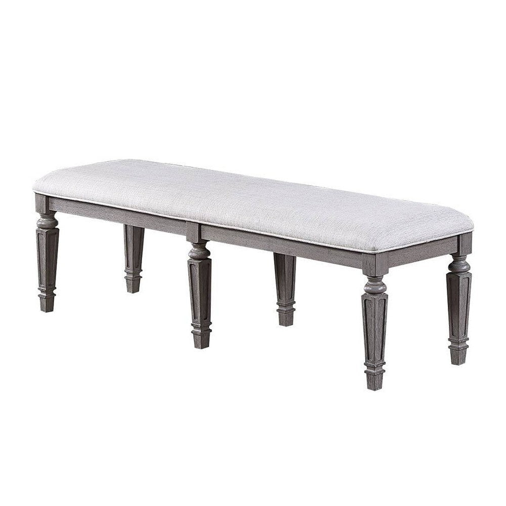 Winie Dining Bench with Turned Legs 64 Inch Gray Wood and Fabric BM326029