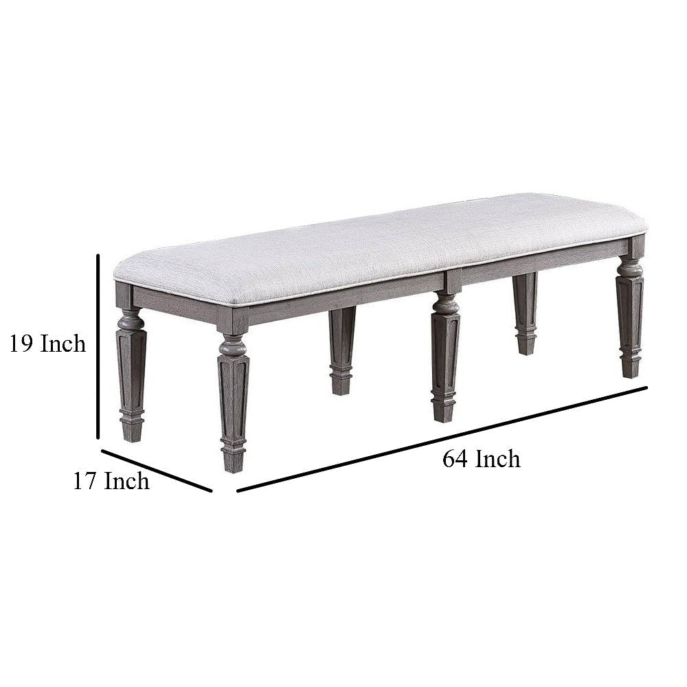 Winie Dining Bench with Turned Legs 64 Inch Gray Wood and Fabric BM326029