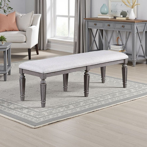 Winie Dining Bench with Turned Legs, 64 Inch Gray Wood and Fabric