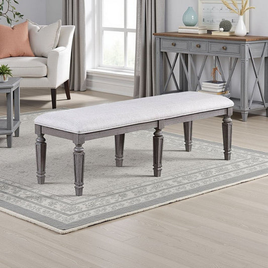 Winie Dining Bench with Turned Legs, 64 Inch Gray Wood and Fabric