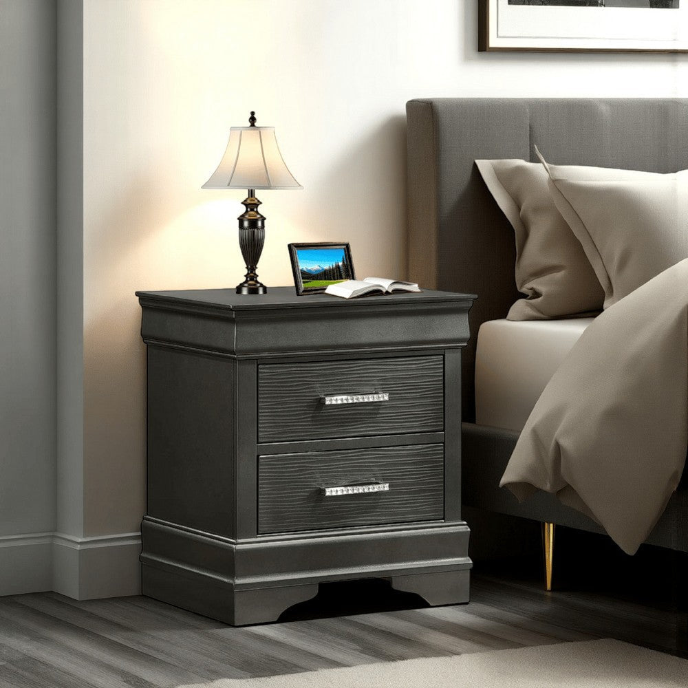 Jean Nightstand, 2 Drawers, Curved Frame, 24" Dark Gray Solid Wood