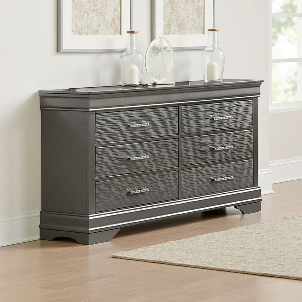 Jean Wide Dresser Chest, 6 Drawers, Chrome, Dark Gray Solid Wood