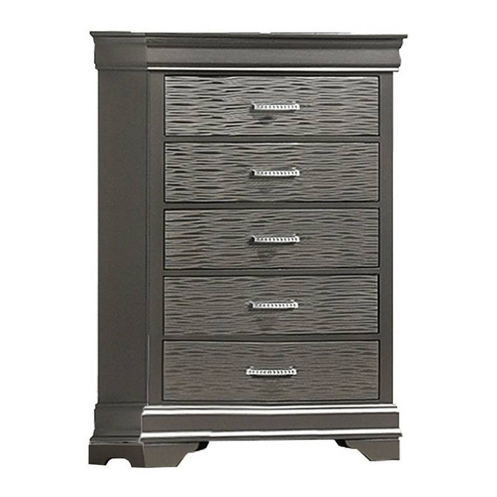 Jean Tall Dresser Chest, 5 Drawers, Chrome, Dark Gray Solid Wood
