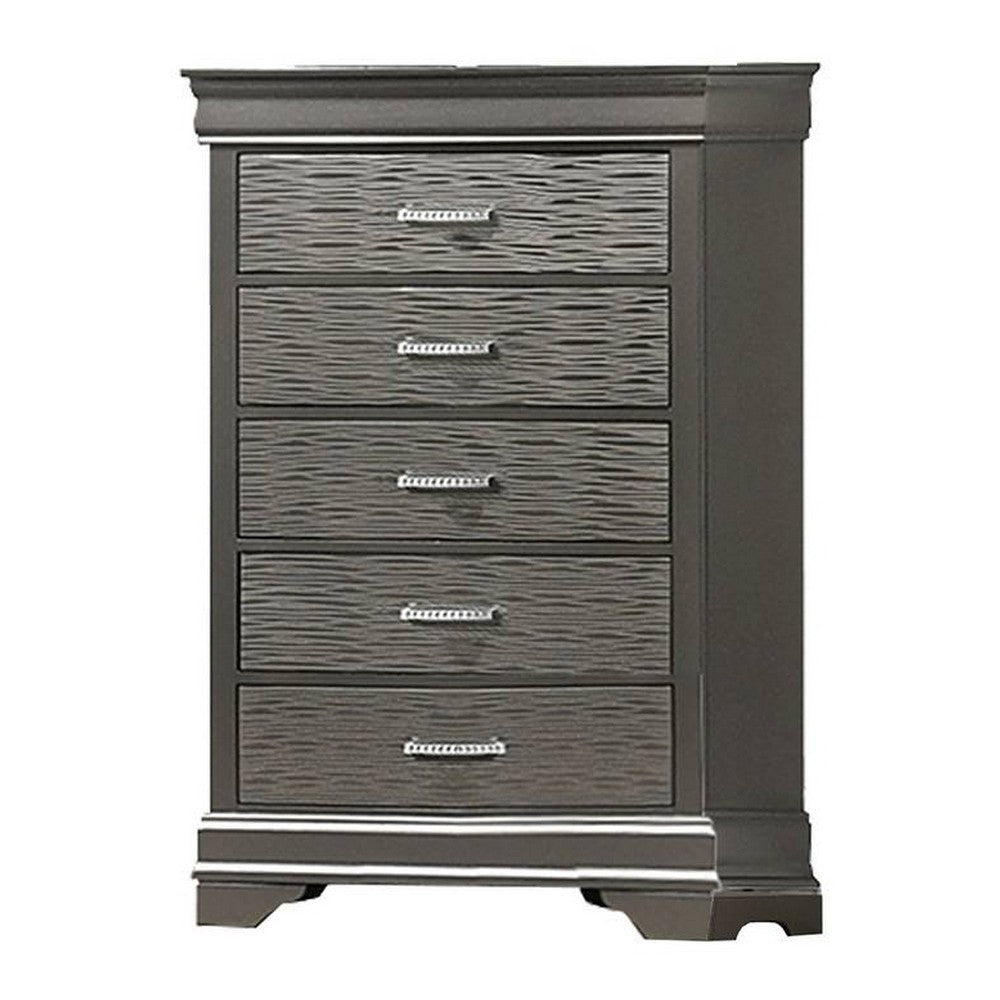 Jean Tall Dresser Chest 5 Drawers Chrome Dark Gray Solid Wood BM326053