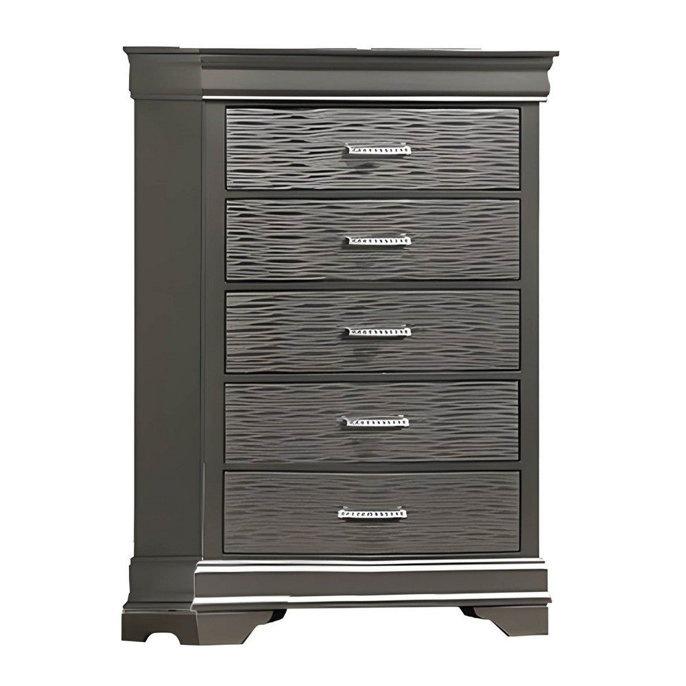 Jean Tall Dresser Chest, 5 Drawers, Chrome, Dark Gray Solid Wood