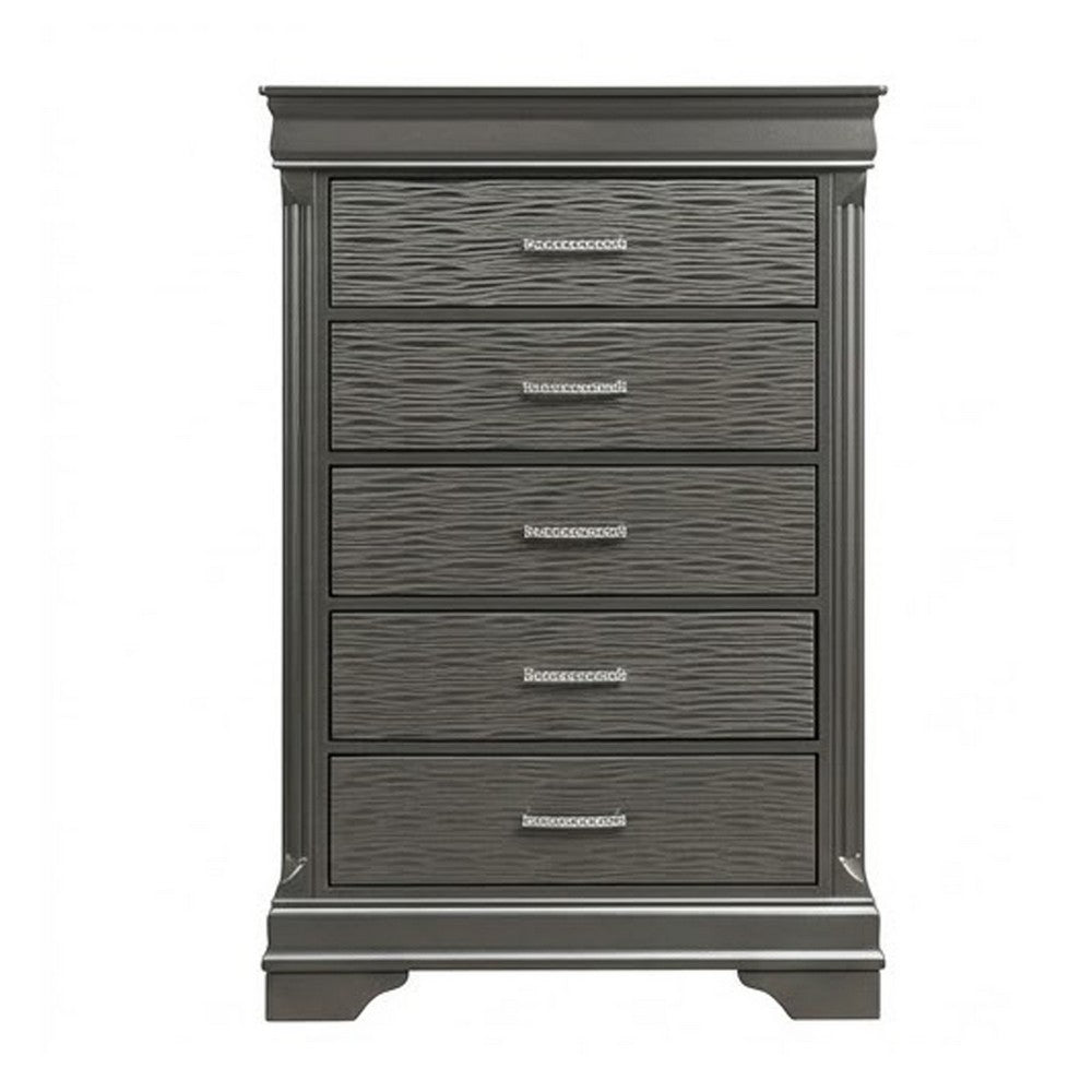 Jean Tall Dresser Chest, 5 Drawers, Chrome, Dark Gray Solid Wood