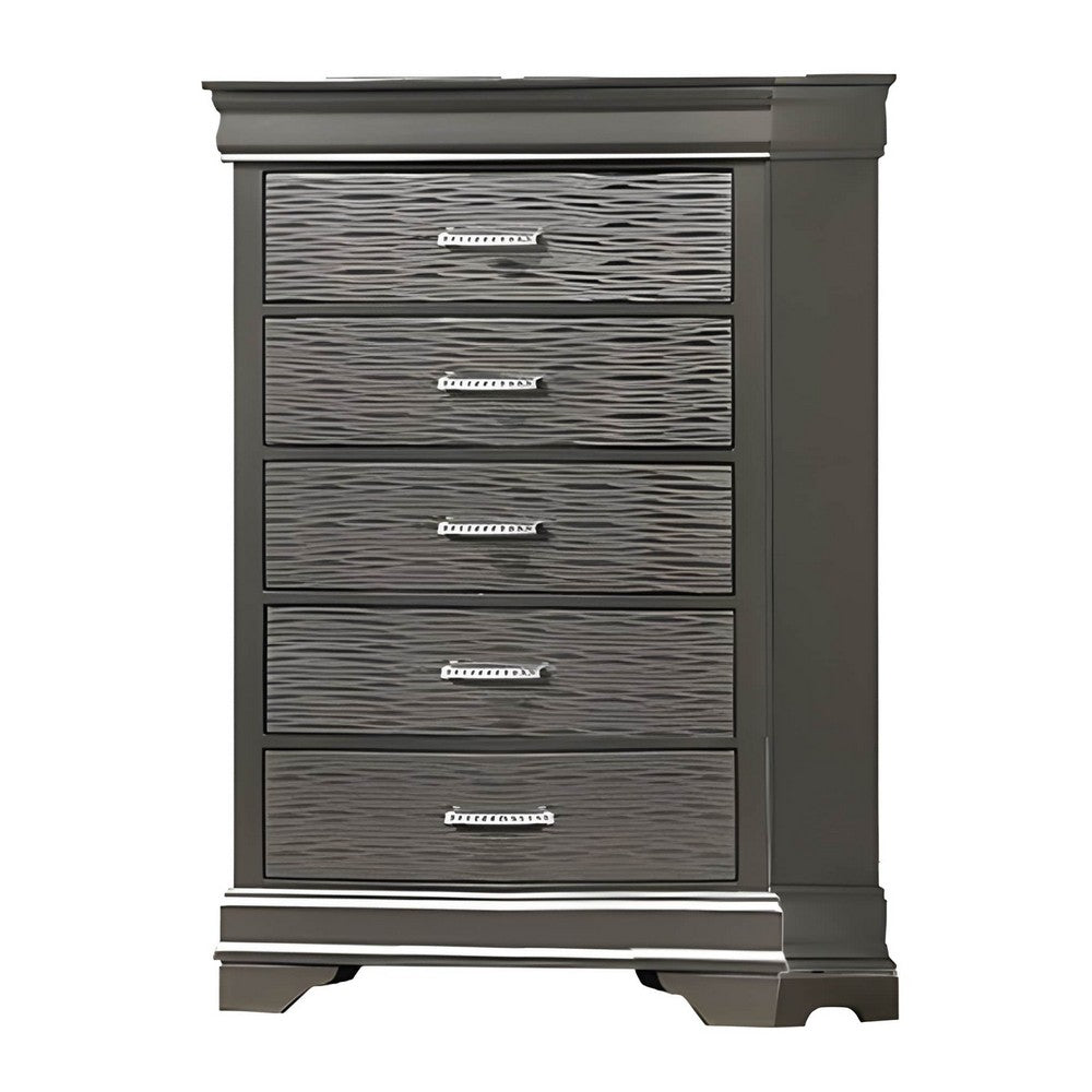 Jean Tall Dresser Chest, 5 Drawers, Chrome, Dark Gray Solid Wood