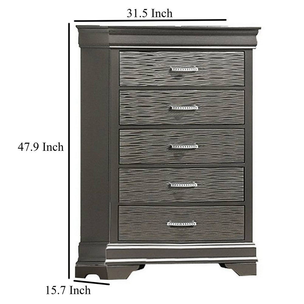 Jean Tall Dresser Chest, 5 Drawers, Chrome, Dark Gray Solid Wood