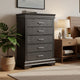 Jean Tall Dresser Chest, 5 Drawers, Chrome, Dark Gray Solid Wood