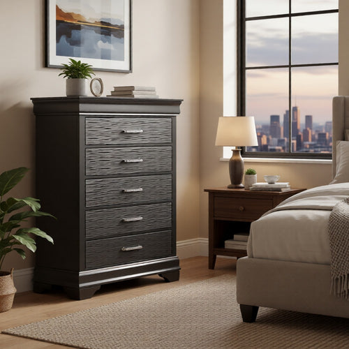 Jean Tall Dresser Chest, 5 Drawers, Chrome, Dark Gray Solid Wood
