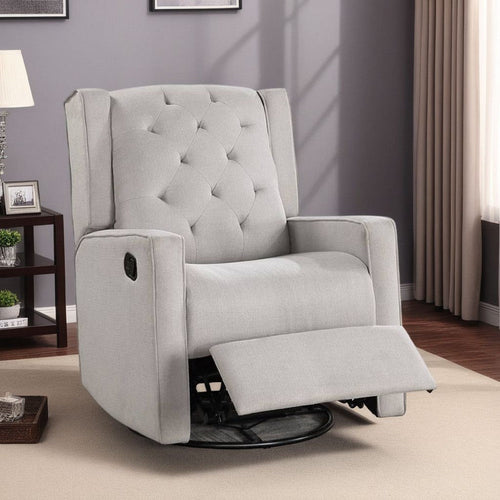 Manie Swivel Glider Manual Recliner, Solid Wood, Light Gray Burlap