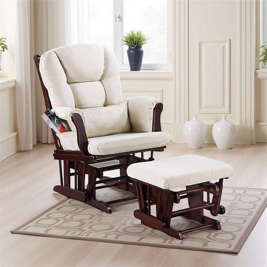 Noni Glider Manual Recliner Chair w Ottoman, Brown Wood, Square Beige